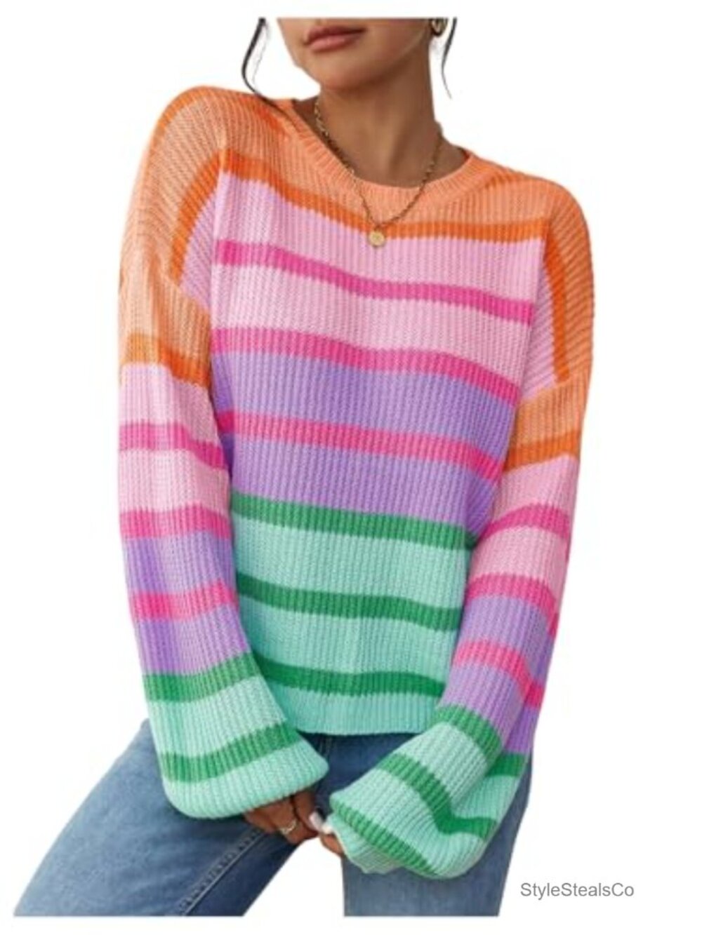 Striped Oversized Knit Pullover Sweater Drop Shoulder Loose Fit